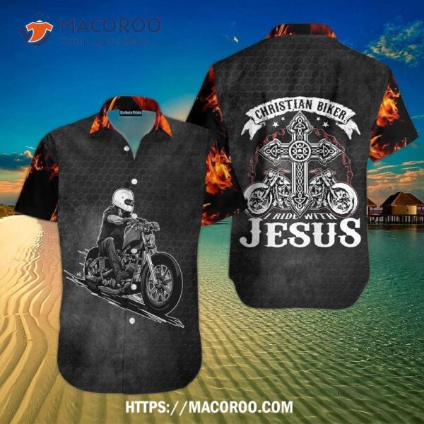 Christian Jesus Biker Racing Fire Black Aloha Hawaiian Shirt