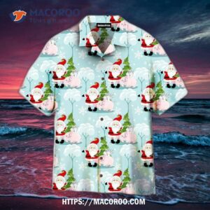 Christmas Pigmas And Little Santa Pattern Blue White Aloha Hawaiian Shirt