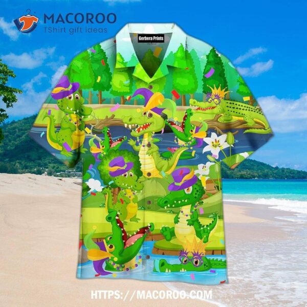 Crocodile Mardi Gras Alligators On The Swamp Green Aloha Hawaiian Shirt