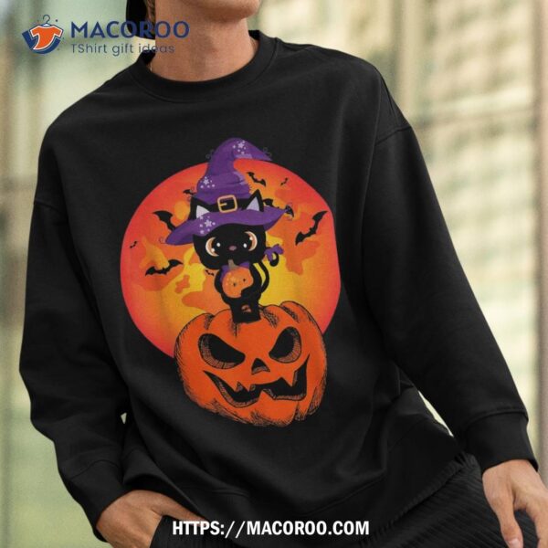 Cute Halloween Black Cat Witch Hat Pumpkin For Kids Girls Shirt