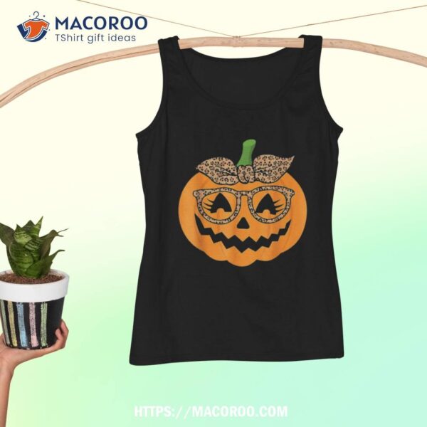 Cute Pumpkin Leopard Glasses And Bandana Halloween Costume Shirt