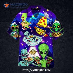 Funny Aliens Eat Pizza On Their Planet Violet And Blue Aloha Hawaiian Shirt