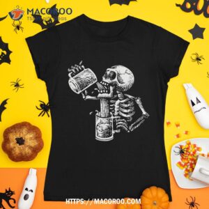 Funny Skeleton Skull Drinking Draft Beer Halloween Costume Shirt