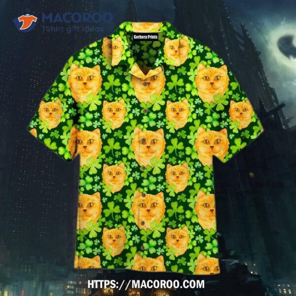 Ginger Cat In Clover Patrick Pattern Yellow And Green Aloha Hawaiian Shirt