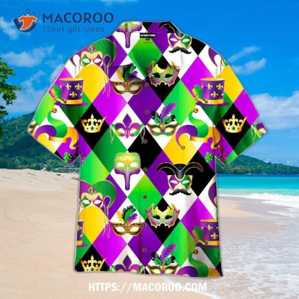 Golden Carnival Masks On Mardi Gras Pattern Violet And Green Aloha Hawaiian Shirt