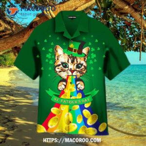 Lucky Cat Happy St Patricks Day Green And Yellow Aloha Hawaiian Shirt