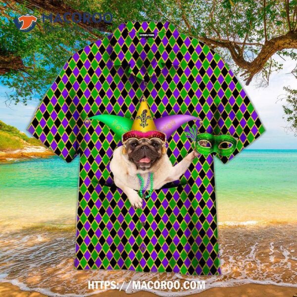 Mardi Gras Funny Pug Dog Wears Jester Hat Pattern Colorful Aloha Hawaiian Shirt
