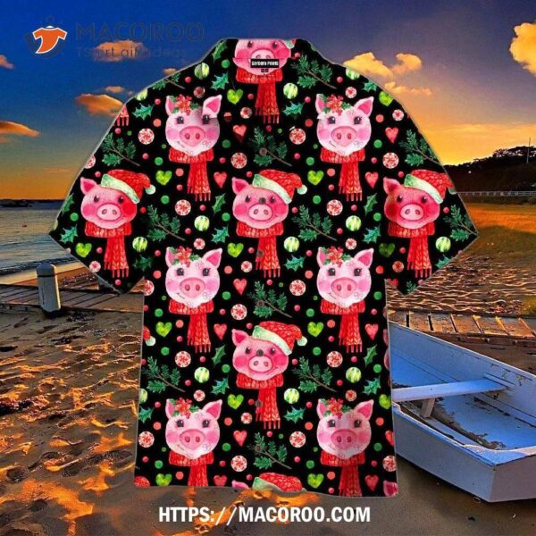 Merry Christmas Cute Pigs Pattern Black And Pink Aloha Hawaiian Shirt
