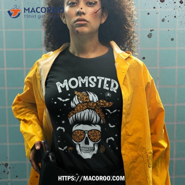 Momster Halloween Costume Skull Mom Messy Hair Bun Monster Shirt