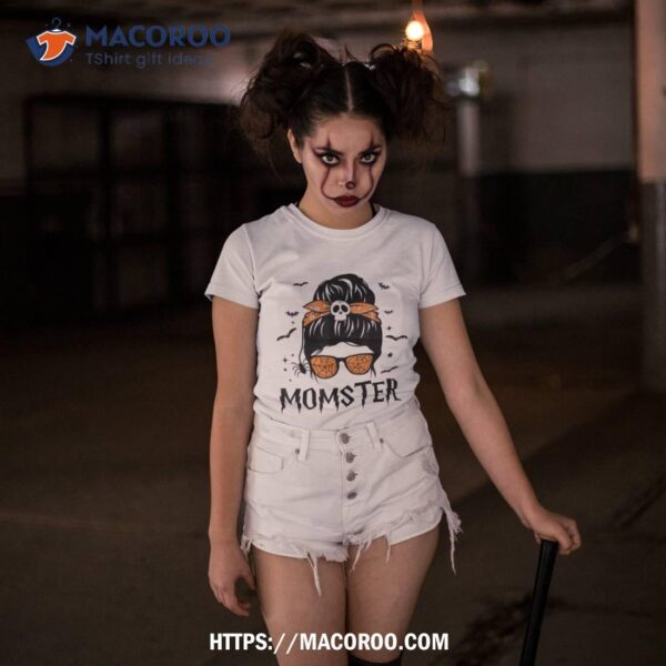 Momster Halloween Costume Skull Mom Messy Hair Bun Monster Shirt