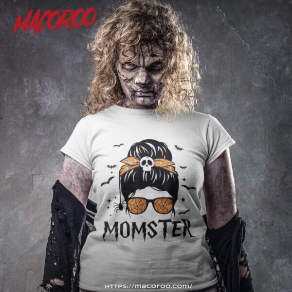 Momster Halloween Costume Skull Mom Messy Hair Bun Monster Shirt