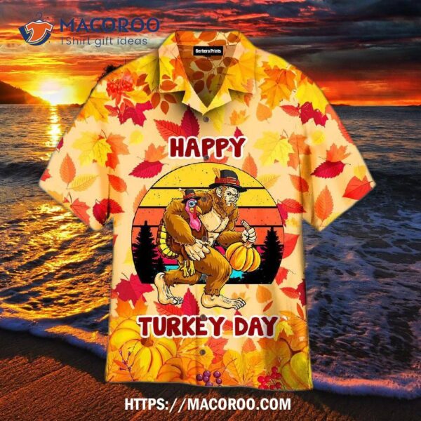 Monkey Thanksgiving Bigfoot With Pumpkin And Turkey Yellow Orange Aloha Hawaiian Shirt