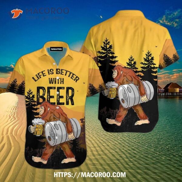 Oktoberfest Bigfoot Life Is Better With Beer Black And Yellow Aloha Hawaiian Shirt