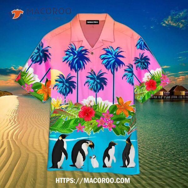 Palm Tree Penguin Tropical Leaves Pink And Blue Aloha Hawaiian Shirt