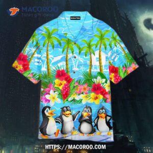 Palm Tree Penguin Tropical Summer Floral Pattern Aloha Hawaiian Shirt