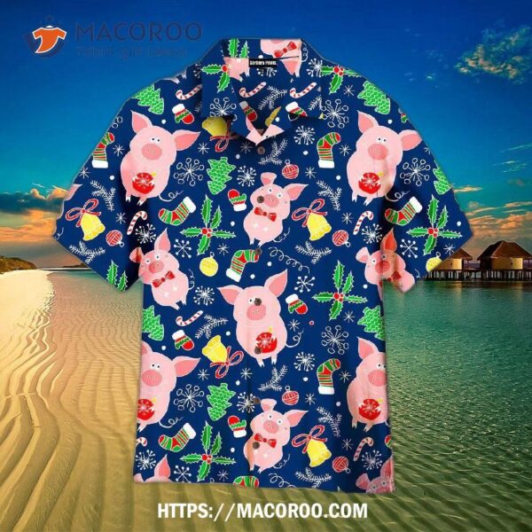 Pig Merry Pigmas Christmas Pattern Blue And Pink Aloha Hawaiian Shirt