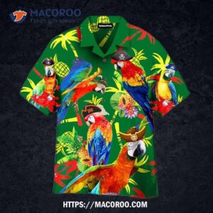 Pirate Parrots Tropical Green Aloha Hawaiian Shirt