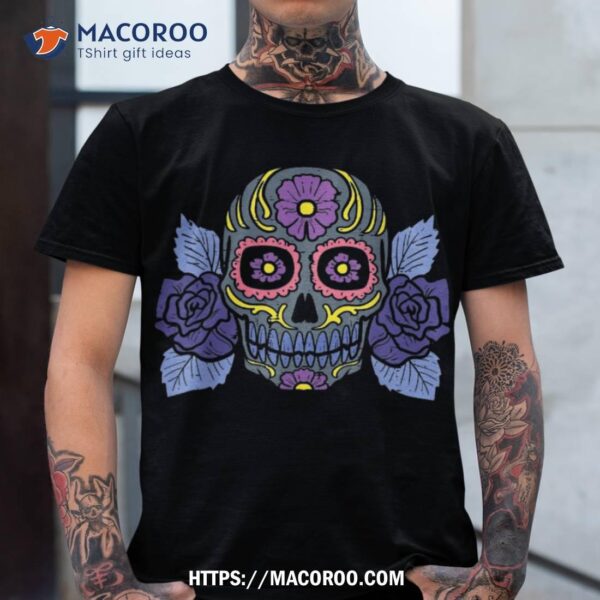 Puple Sugar Skull Flowers Dia De Muertos Halloween Mexican Shirt