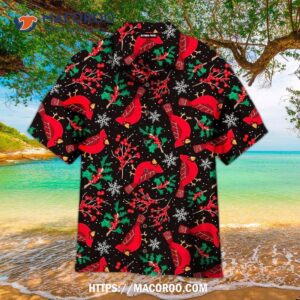 Red Cardinal Christmas Bird Pattern Blue And Black Aloha Hawaiian Shirt