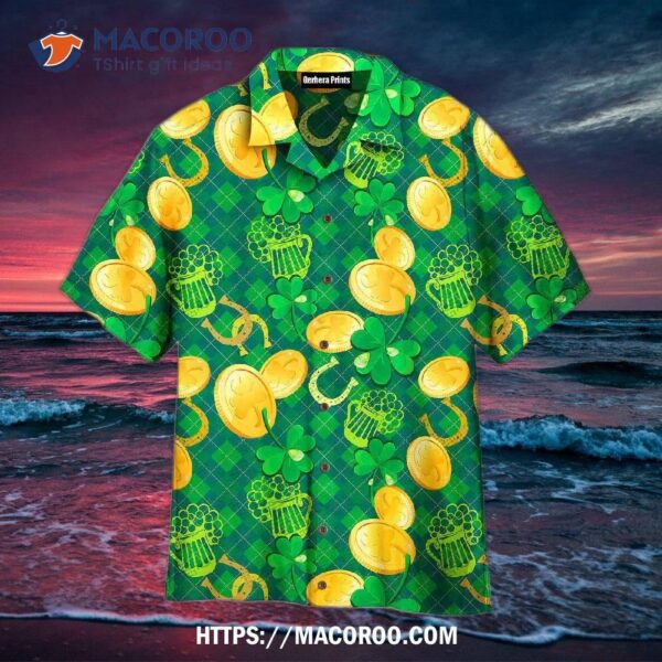 Saint Patrick Day Sham Rock And Golden Coin Pattern Green Yellow Aloha Hawaiian Shirt