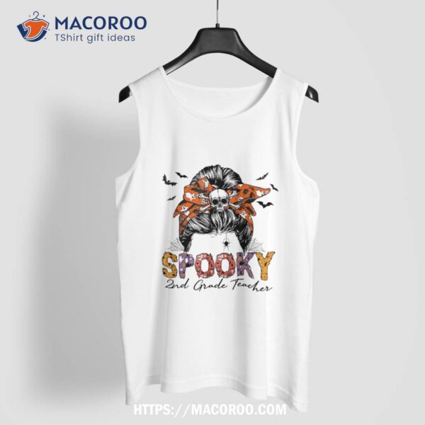 Spooky 2nd Grade Teacher Halloween Skull Witch Messy Bun Shirt