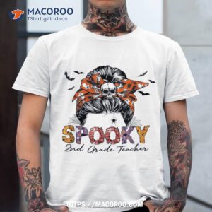 Spooky 2nd Grade Teacher Halloween Skull Witch Messy Bun Shirt