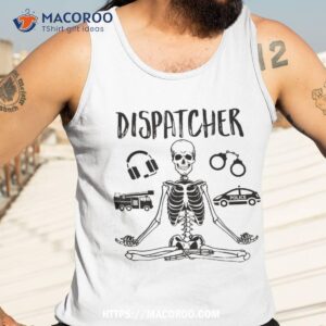 spooky dispatcher 911 halloween police skeleton meditating shirt tank top 3