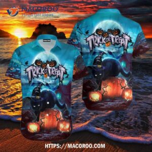 Treat Or Trick Halloween Black Cat Aloha Hawaiian Shirt