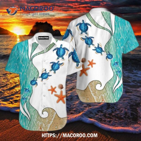 Turtle Beach Starfish Blue And White Aloha Hawaiian Shirt