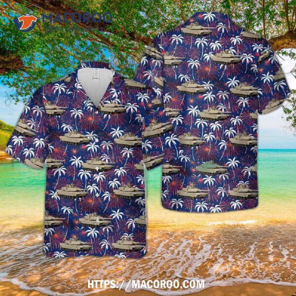 Us Army M1a2 Abrams Tank Fireworks With Palm Trees Hawaiian Shirt