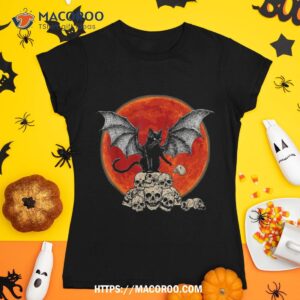 Vintage Scary Halloween Black Cat Batcat Bat Skull And Moon Shirt