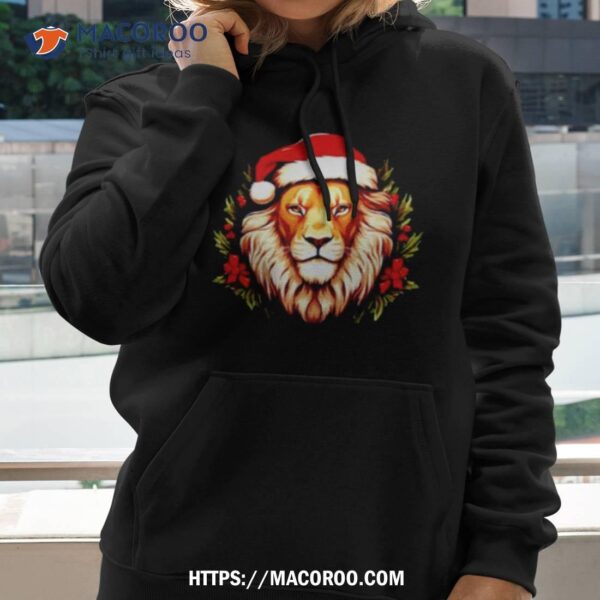 Adorable Christmas Lion Donning A Santa Claus Hat Shirt