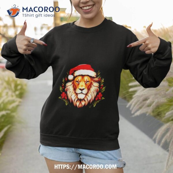 Adorable Christmas Lion Donning A Santa Claus Hat Shirt