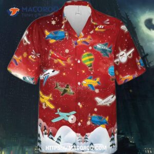 Adult Red Cap1andpice Christmas Airplane Hawaiian Shirt Cartoon Style For Men