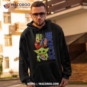 Baby Groot And Baby Yoda Hug Denver Broncos Logo T Shirt