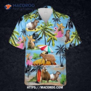 blue beach funny capybara pineapple tropical leaves summer vibes shirt printed hawaiian 1