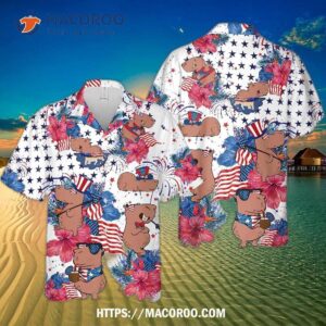 f1 funny capybara with american flag and tropical flower memorial day veteran hawaiian shirt 0