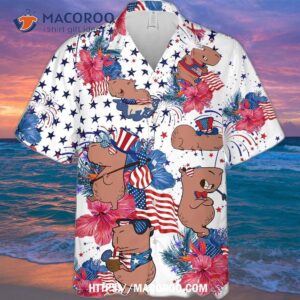 f1 funny capybara with american flag and tropical flower memorial day veteran hawaiian shirt 1