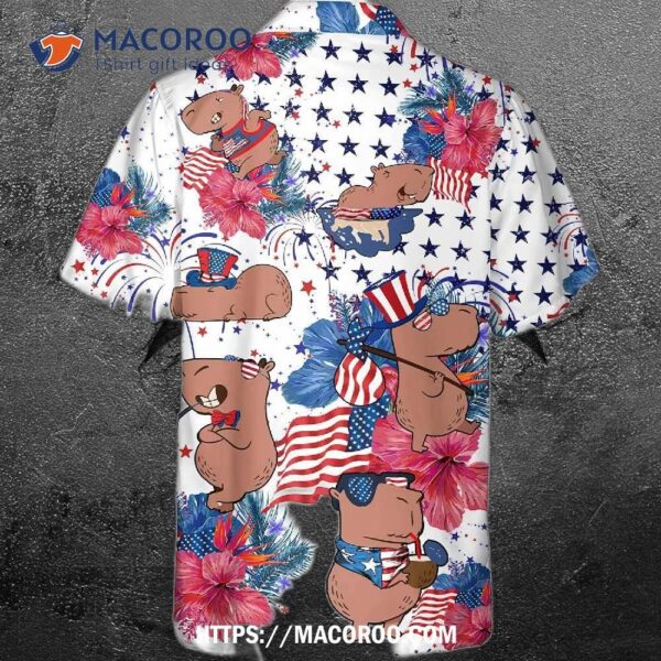 F1 Funny Capybara With American Flag And Tropical Flower Memorial Day Veteran Hawaiian Shirt