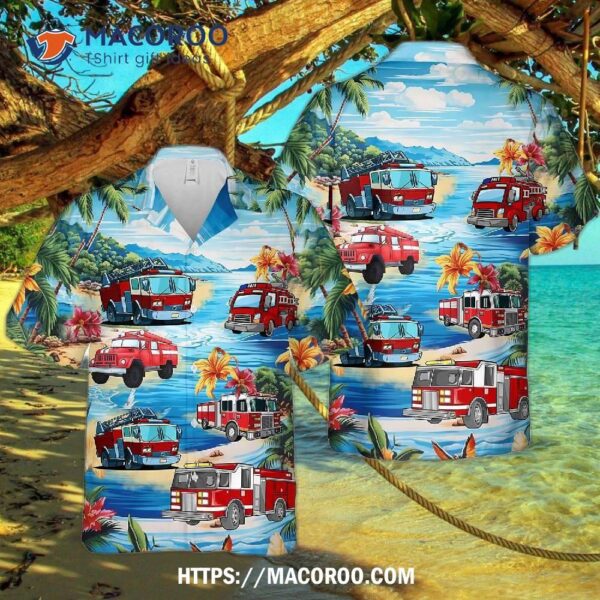 Fire Truck Summer Tropical Leaves Prined Beach Hawaiian Shirt
