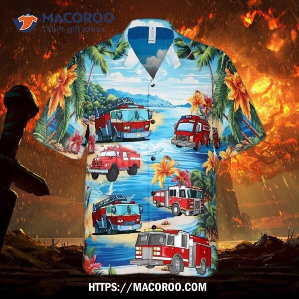 Fire Truck Summer Tropical Leaves Prined Beach Hawaiian Shirt