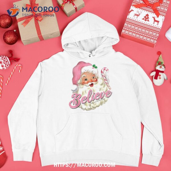 Groovy Vintage Pink Santa Claus Believe Christmas Kids Shirt