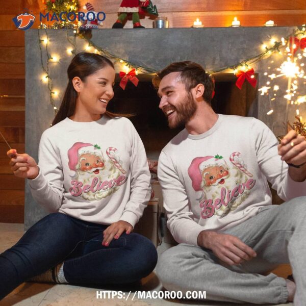 Groovy Vintage Pink Santa Claus Believe Christmas Kids Shirt