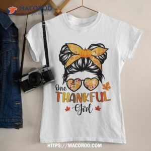 one thankful girl thanksgiving daughter messy bun fall girls shirt tshirt
