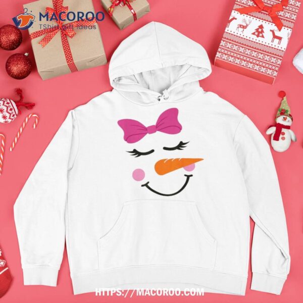 Pink Bow Snowman For Girls Cute Snowgirl Face Christmas Shirt