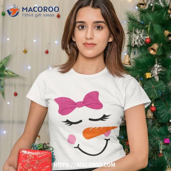 Pink Bow Snowman For Girls Cute Snowgirl Face Christmas Shirt