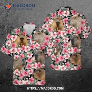 pink hibiscus funny capybara pineapple tropical leaves summer vibes beach shirt printed hawaiian 0