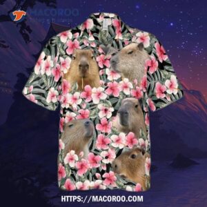 pink hibiscus funny capybara pineapple tropical leaves summer vibes beach shirt printed hawaiian 1