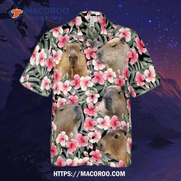 Pink Hibiscus Funny Capybara Pineapple Tropical Leaves Hawaiian Shirt