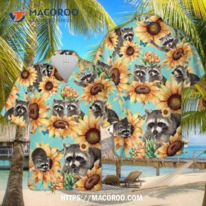 r1 funny raccoon sunflowers tropical lovers hawaiian shirt button down 0